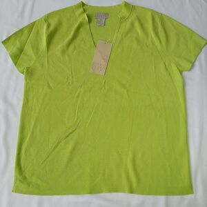 SIGRID OLSEN SPORT Lime Green Cotton Blend Knit Top Shell Petite M Short Slv NWT